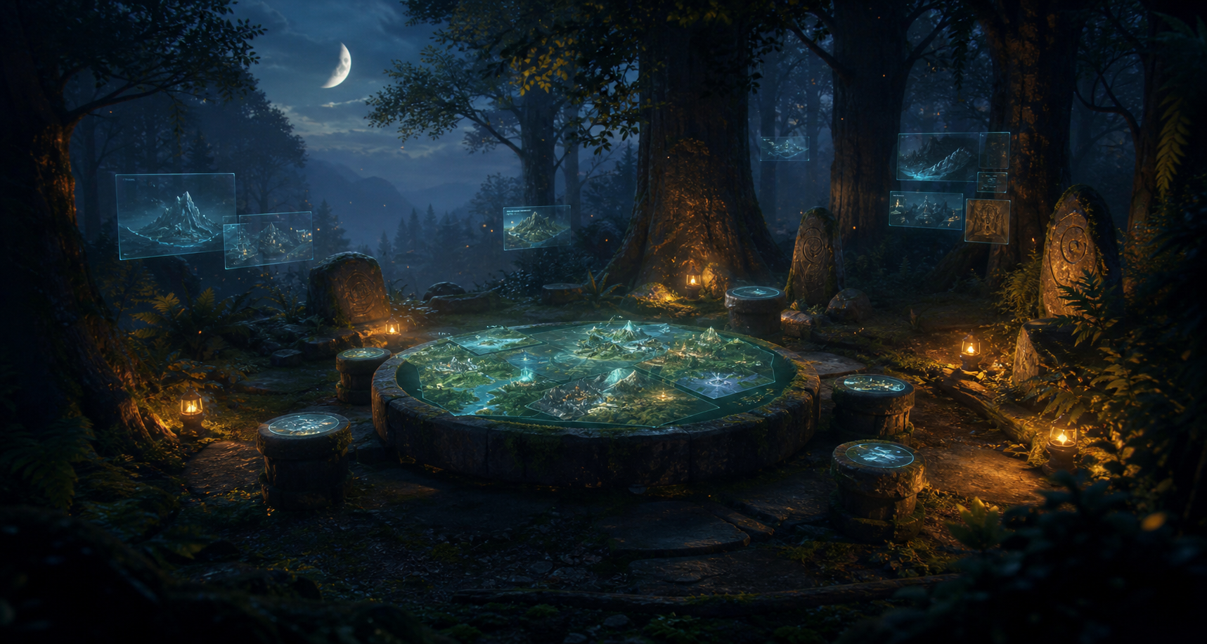 Moonlit forest council table with luminous strategy maps